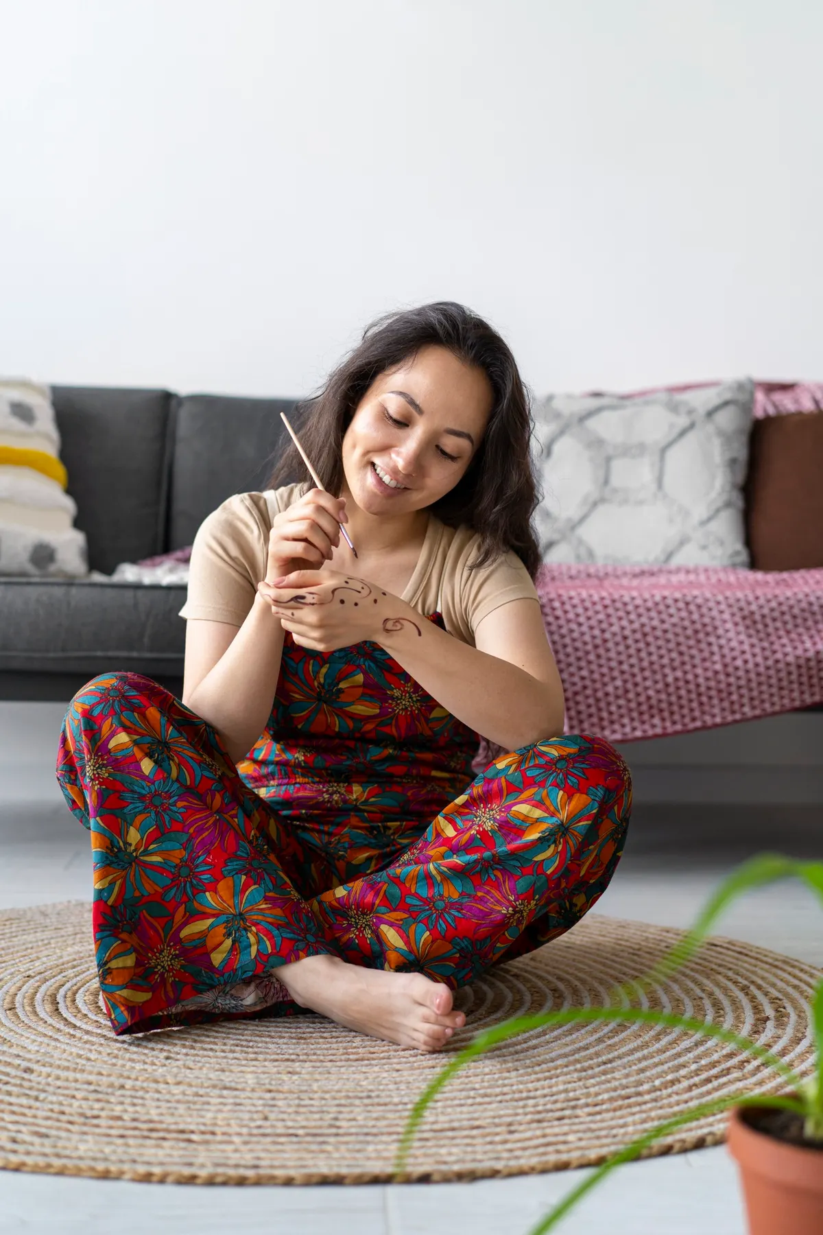 Woman relaxing at home while caring for her wellbeing